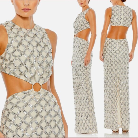 MAC DUGGAL 10909 EMBELLISHED HIGH NECK CUTOUT NUDE SILVER GOWN sz 4 - Picture 2 of 5